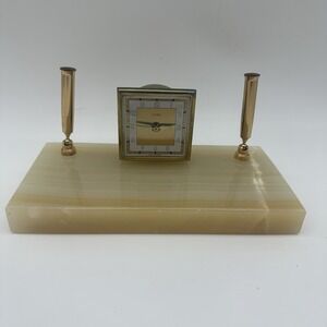 Vintage 8x4"FLORN DESK CLOCK‎ & PEN HOLDER ON Onyx?  BASE GOLDISH GREEN FACE